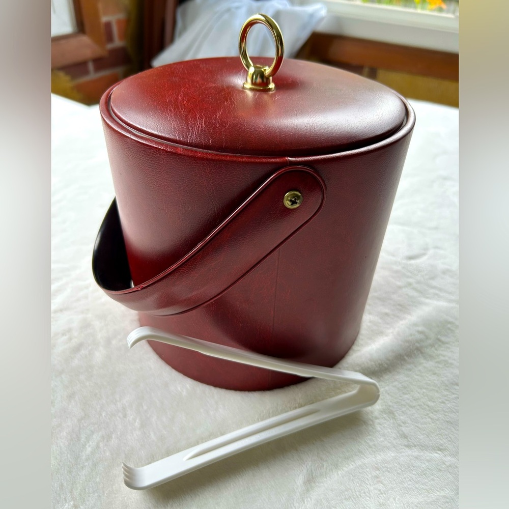 Vintage Georges Briard Faux Leather Red Ice Bucket w/ Tongs